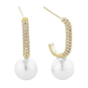 NWT 14K Gold Dipped CZ Stone Paved Glamourous Link Pearl Earrings
